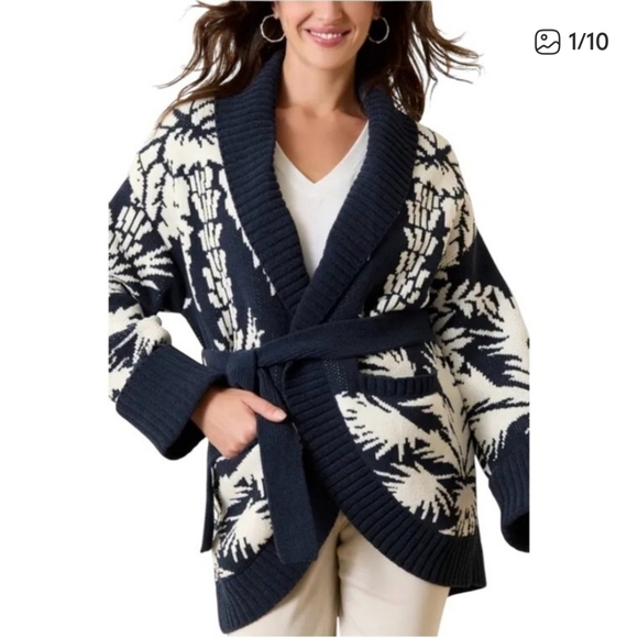 Tommy Bahama Navy White Tropical Palm Sweater Cardigan Large - Picture 1 of 11